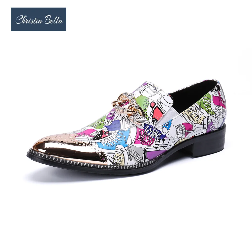 

Fashion Printing Men Real Leather Wedding Party Dress Shoes Designer Pointed Toe Slip on Formal Shoes Man Big Size Brogue Shoes