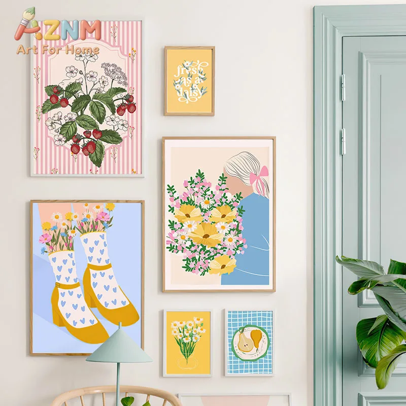 AZNM Cute Flower Vase Girl Cowboy Boot Canvas Wall Art, Colorful Floral Fruit Poster, Sweet Aesthetic Bedroom Living Room Home D