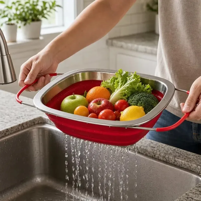 Food Grade Kitchen Vegetables Fruits Silicone Stainless Steel Sink Foldable Filter Pot with Retractable Handle