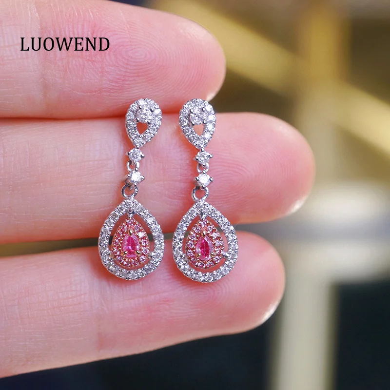 LUOWEND 100% 18K White Gold Earrings Elegant Shiny Style Real Natural Pink Diamond Drop Earrings for Women High Wedding Jewelry