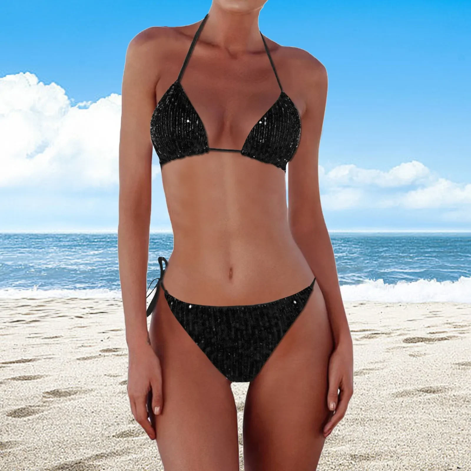 Bandage Bathing Suit Swimsuit Bikini Women's New Sequin Bikini Triangle Color Bikini Swimsuit Push Up Swimwear Women