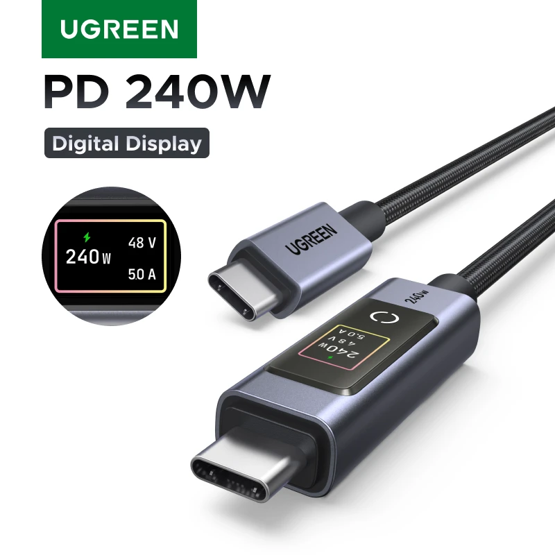 UGREEN PD240W USB-C to USB-C ケーブル TFTスマートディスプレイ付き ナイロン編み込み アルミニウム製 480Mbps iPhone、MacBook、Galaxy、Pixel、XPS対応