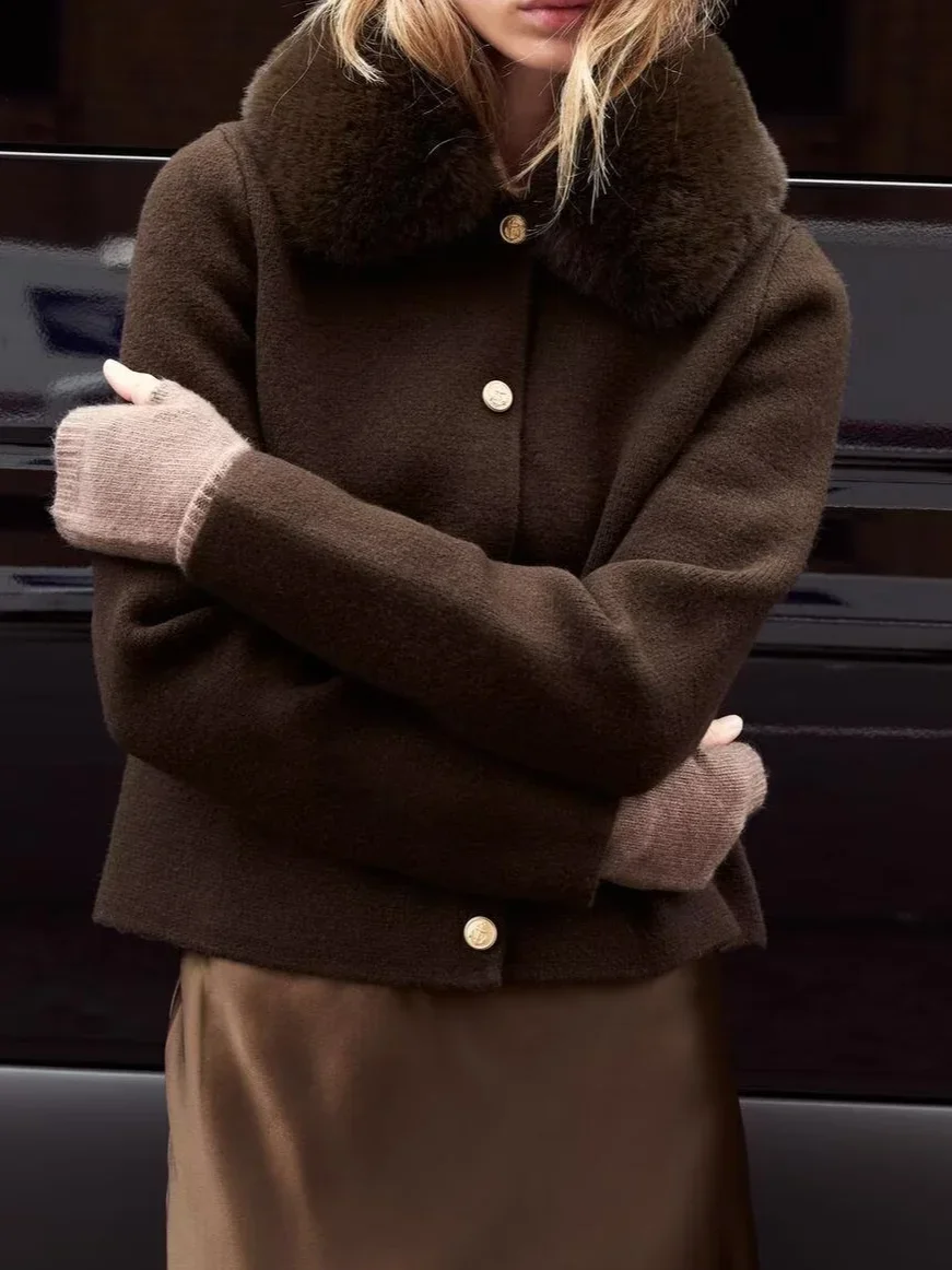 

Lady Daily Commute Street CardigansFaux Fur Collar Kintted Cardigan Women Casual Full Sleeve Single Breasted Slim Short Sweater