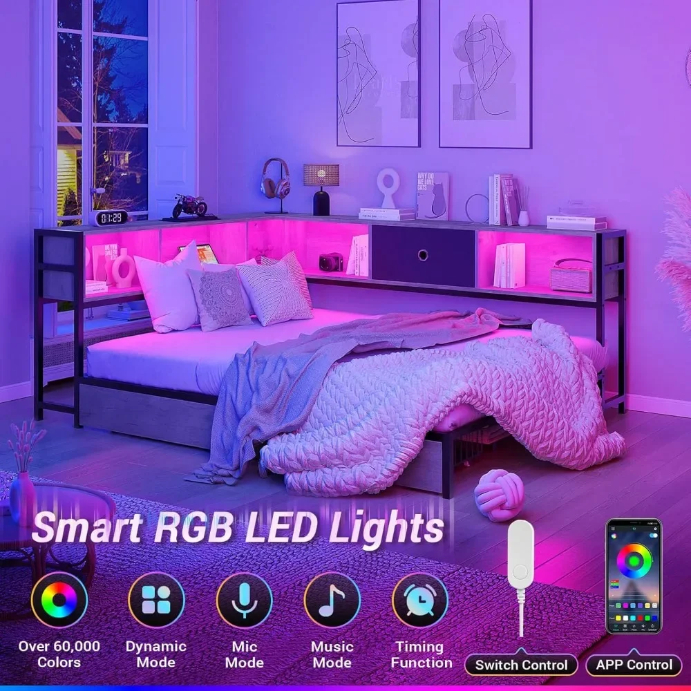 Corner Bed Frame with Storage Bookcase,  Storage Drawers Underneath, Charging Station and LED Light, Children Full Bed Frame