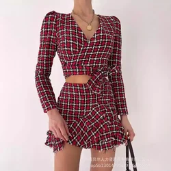 Print Plaid Shirt Sets Women Two Piece Short Skirt Casual A Line Spliced Full Sleeve Tops High Waist Lace Up Elegant Lady