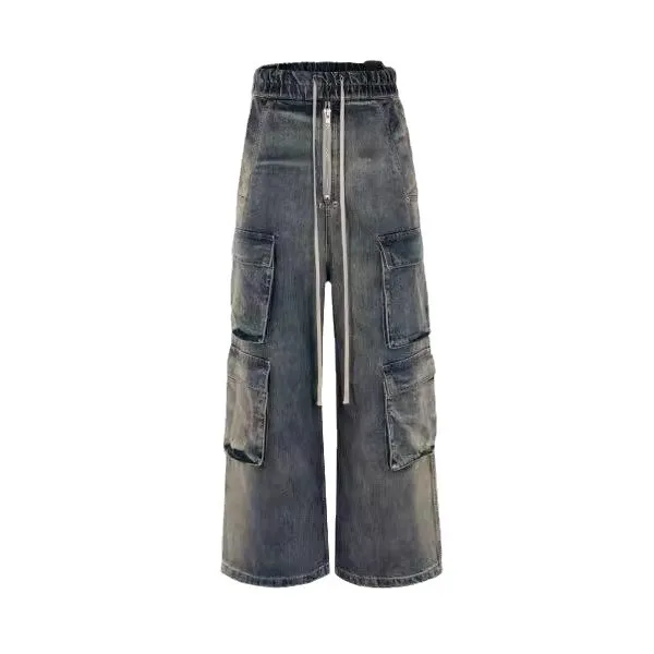 Stijl Gewassen Gradiënt Blauwe Multi-Pocket Jeans Cargo Broek Mannen Modieuze Street Wide Leg Jeans Harajuku Broek