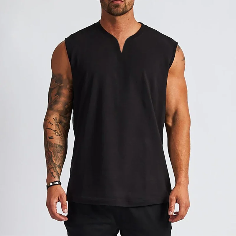 Canottiera Fitness scollo a v in cotone tinta unita canottiera muscolare estiva abbigliamento da palestra camicia senza maniche Bodybuilding