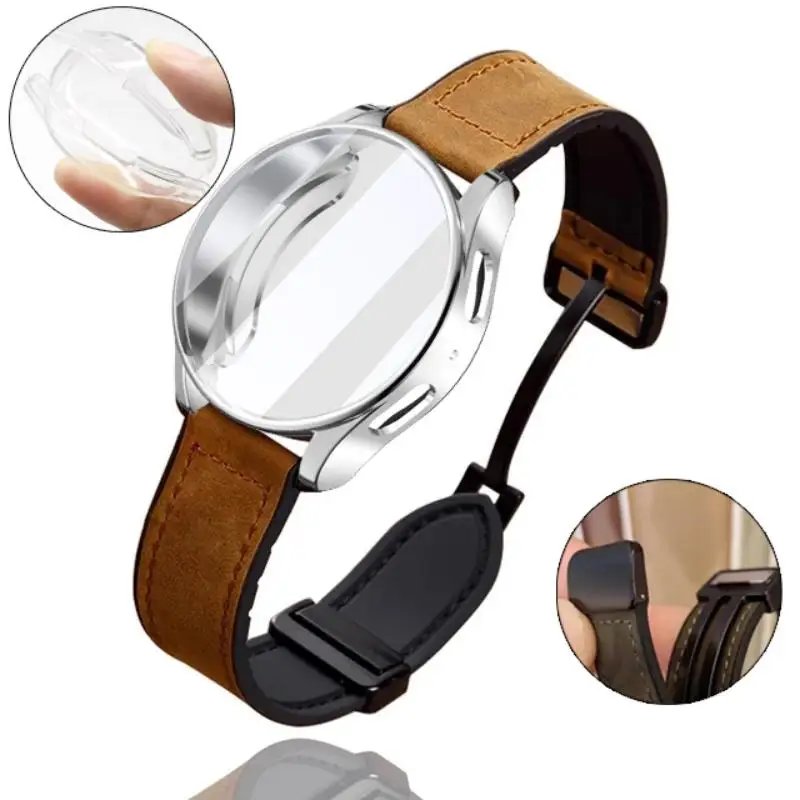 حزام سيليكون جلدي مغناطيسي لساعة سامسونج جالاكسي 7 6 5 4 واقي شاشة لهاتف سامسونج جالاكسي 40 مللي متر 44 مللي متر سوار رياضي