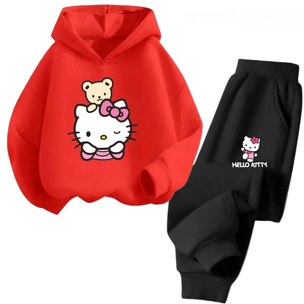 Kawaii Anime Hello Kitty Children Hoodie + Trousers 2pcs Sets Spring Autumn 3-14 Age Kids Girl Casual Clothes Fashion Sportsuits