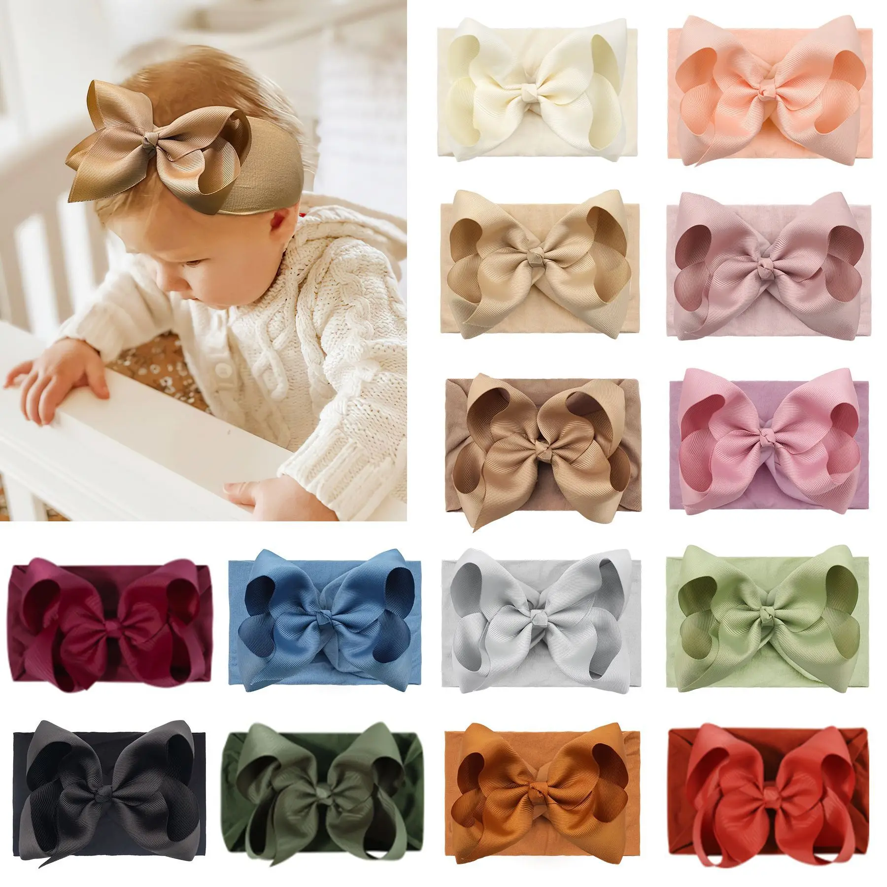 

10pcs/lot Newborn Ribbon Bow Headbands Baby Girls Large Hairbows Turban Kids Wide Nylon Headwraps Accessories Candy Colors