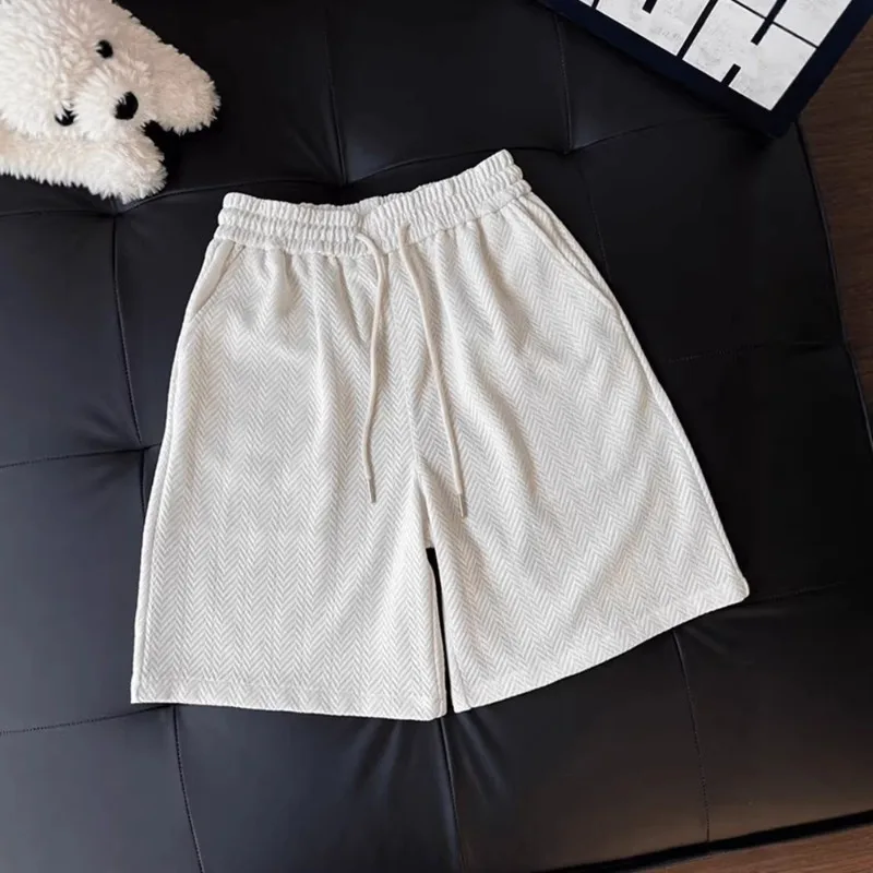 

Мужские повседневные однотонные текстурированные шорты в стиле ретро, свободного кроя, из ледяного шелка, прямые, на шнурке, легкие, дышащие, спортивные, пляжные брюки