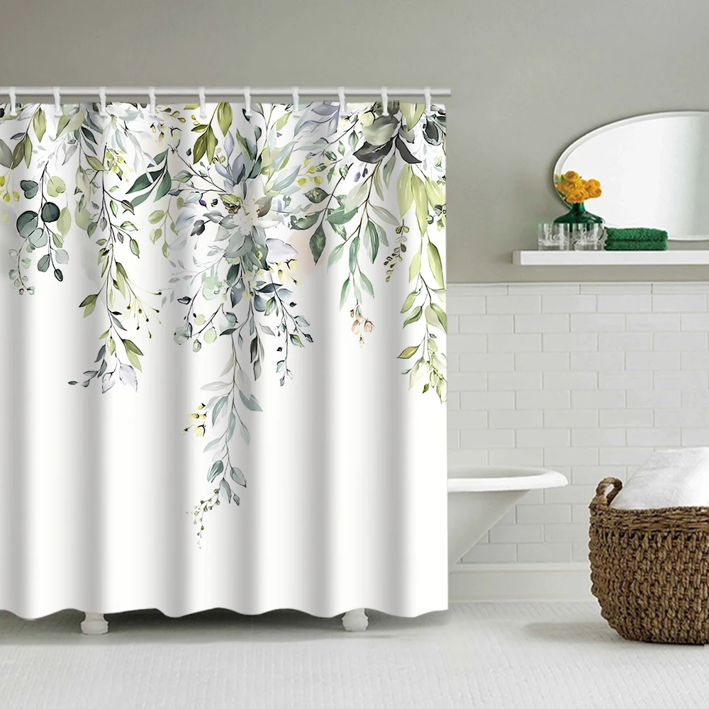 1/4 Green leaves shower Curtains, Toilet Seat Decoration, Shower Curtain with Carpet and Toilet Lid, 12 70.8x70.8 inch Hooks