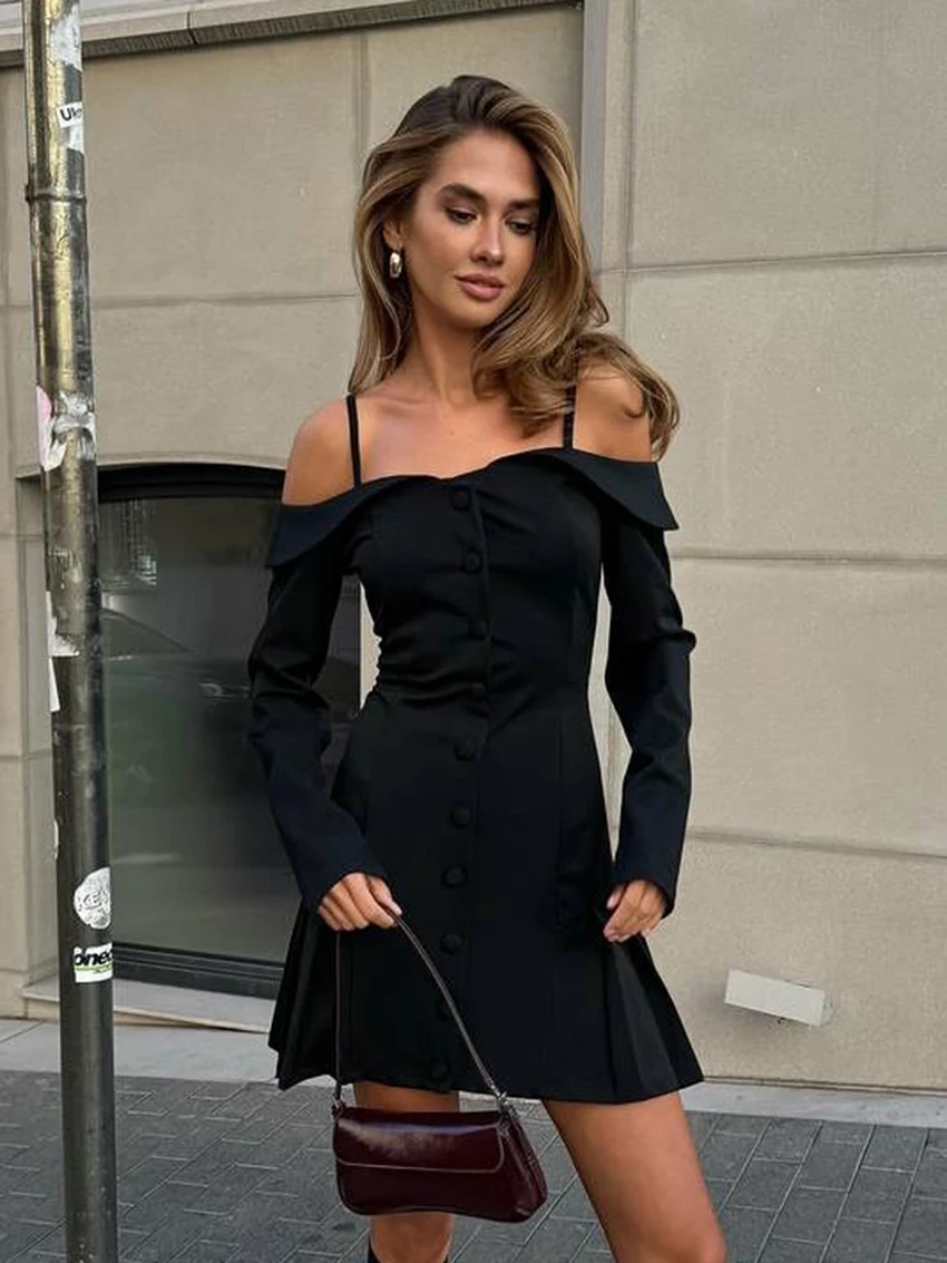 

Marthaqiqi Casual Ladies Nightgown Spaghetti Strap Pajamas Long Sleeve Nightie Slash Neck Sleepwear Mini Dress Winter Nightwear