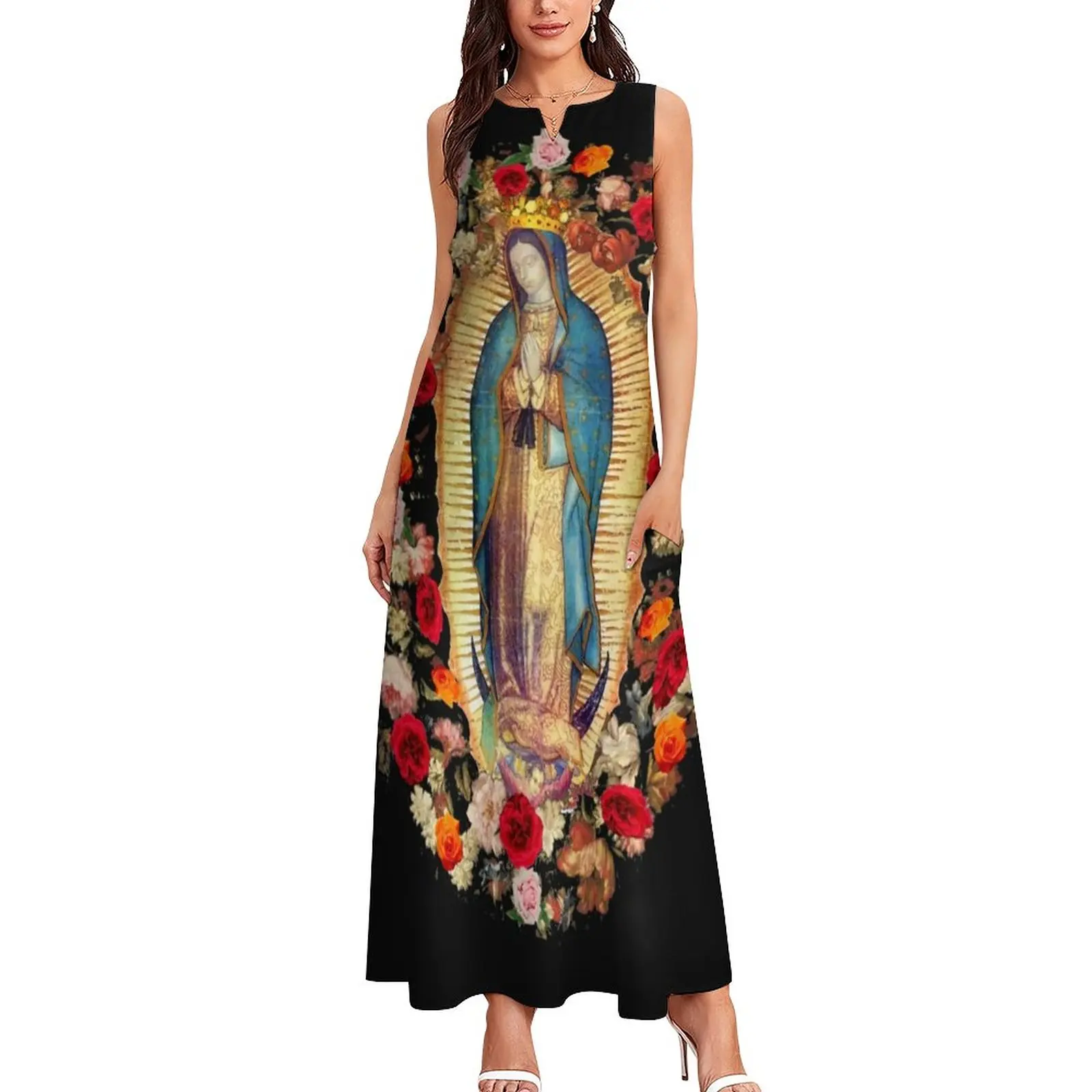 Virgin Mary Mexico Dress Catholic Saint Party Maxi Dress Street Wear Casual Long Dresses Summer V Neck Print Vestido 3XL 4XL 5XL