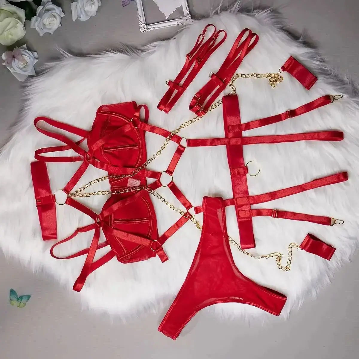 

Fashion Sexy Seductive Chain Lingerie Four Piece Set Women's Solid Exotic Apparel Suit Female Stain Pure Desire Style Underwear
