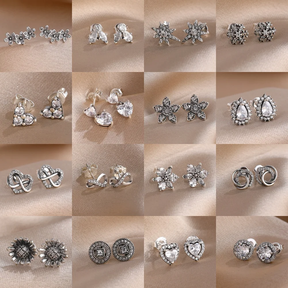 

New 925 Sterling Silver Vintage Stud Earrings For Women Retro Flower Heart Cubic Zircon Earrings Fine Jewelry Gift wholesale