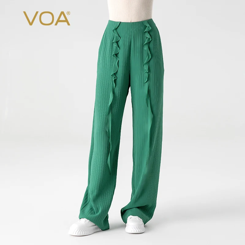 

(Fans Exclusive Discount) VOA Silk Stripe Grey Green Natural Waist Ruffle Edge Commuter Silk Straight Pants Spring 2023 KE859