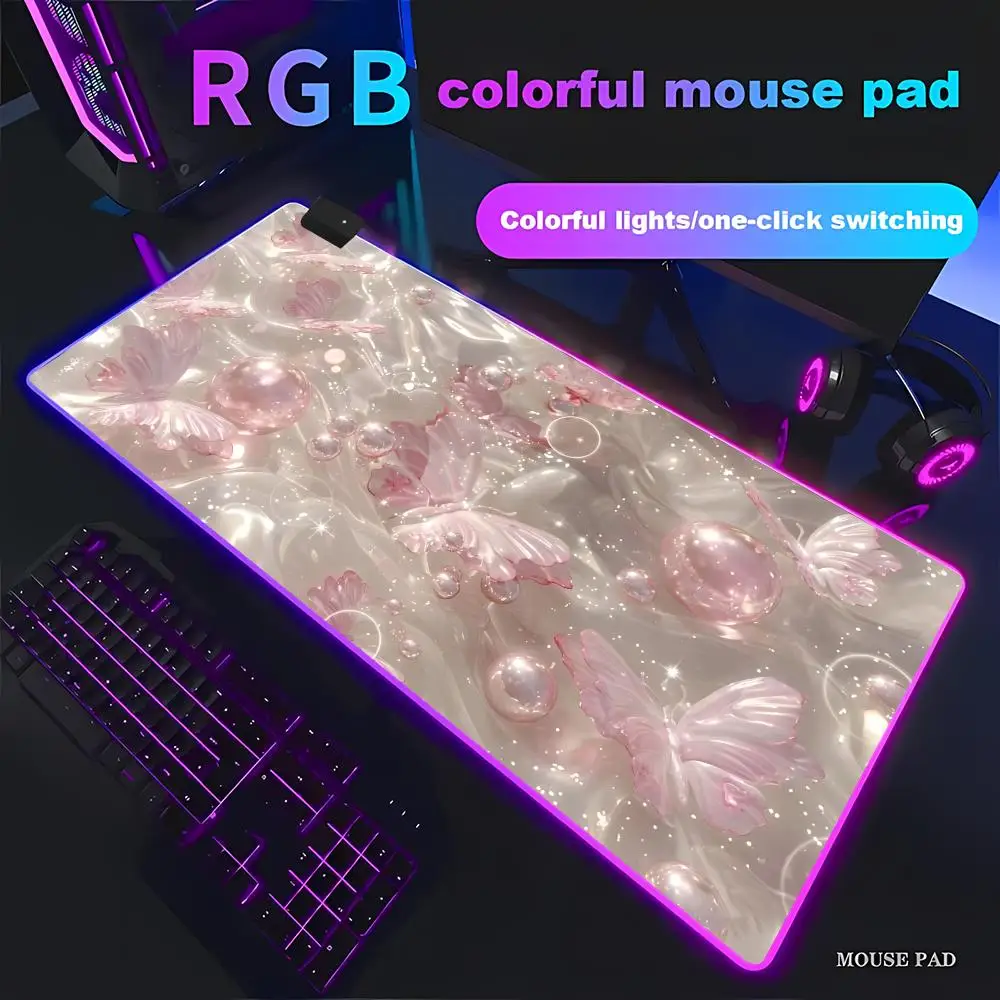 

RGB Pink Butterfly Large Gaming Computer HD Keyboard Pad Mouse Mat Desk Mats Anti-Slip Office Mouse Pad Desk Accessories HYBXAXC