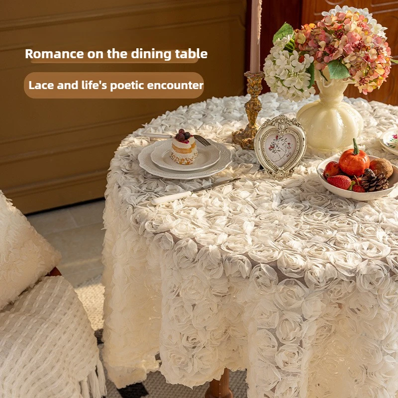 French Lace Floral Tablecloth,Romantic Princess Style Coffee Table Cover Cloth,Light Luxury Dustproof Vintage Dining Table Decor