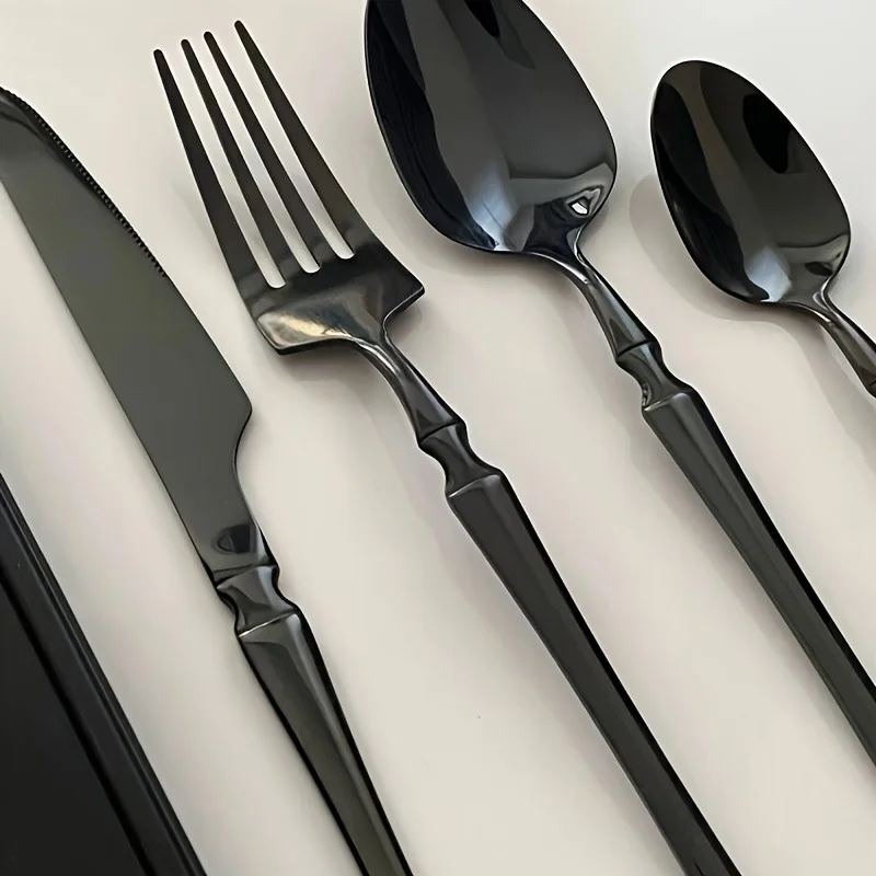 40/60-Piece Black Stainless Steel Cutlery Set, Mirror Polished, Including Dinner Forks, Steak Knives, and Soup Spoons, Suitable