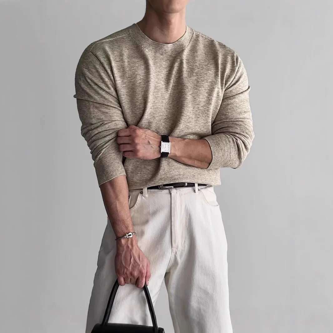 

Мужской бесшовный приталенный мягкий вязаный свитер с длинными рукавами и круглым вырезом, однотонный шерстяной трикотаж, пуловер, шерстяная базовая рубашка, винтажный джемпер