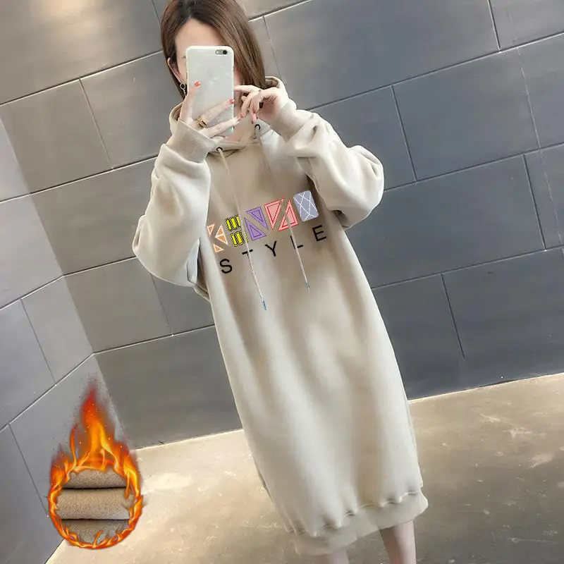 New Autumn Winter Women Fleece Hoodies Casual Print Sweatshirt Korean Style Long Sleeve Hooded Female Mid-length Pullovers Tops