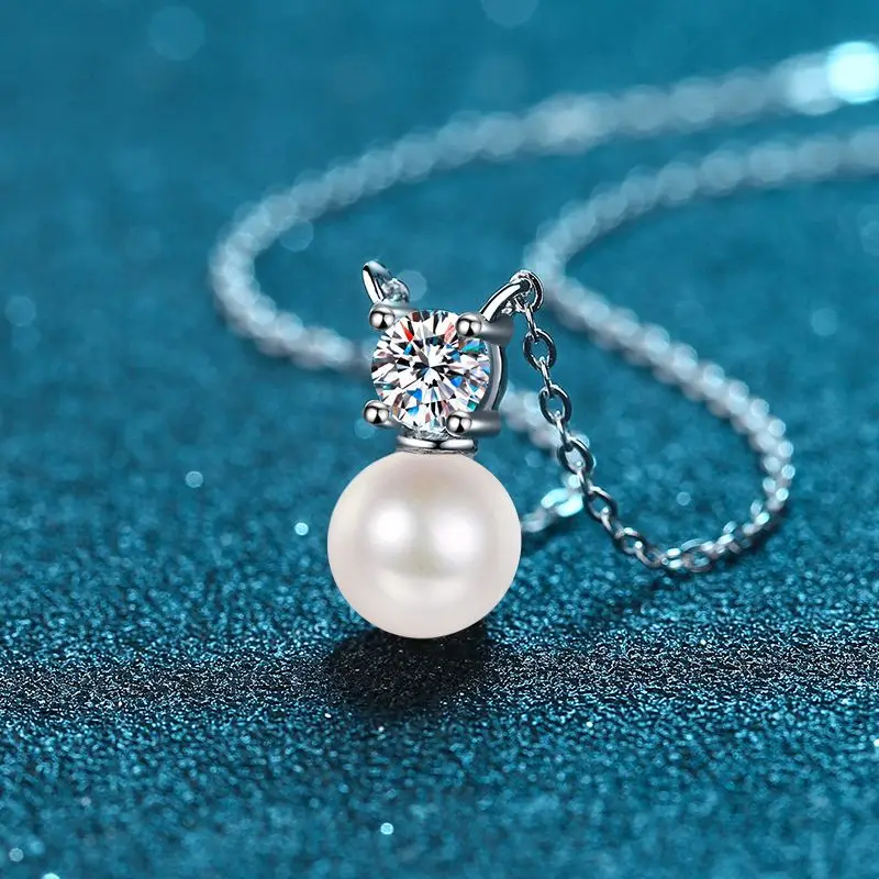 S925 Sterling Silver Collar Chain 8mm Pearl 0.5ct Moissanite Necklace for Women image 3