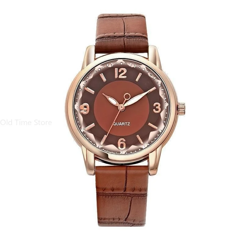 Montre à quartz avec bracelet en cuir pour femme, verre polygone, horloges de luxe, cadran, mode créative