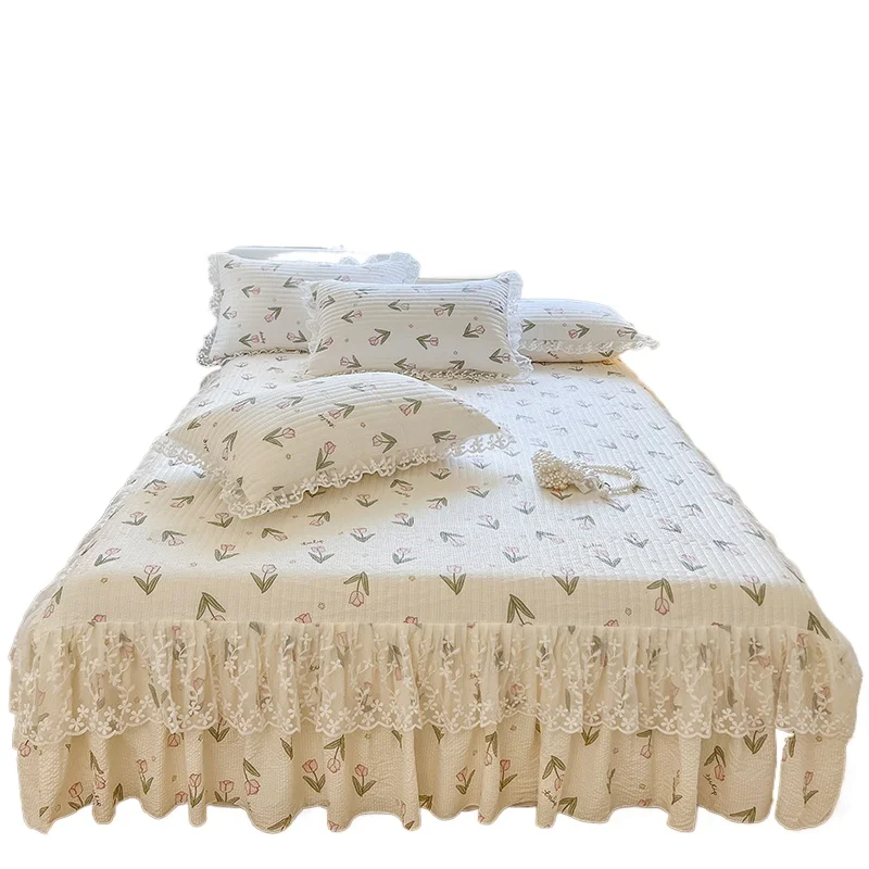 Lace Bed Skirt + Pillowcases Bedding Bedspreads Sheet Pink Lace Bedding Set Bed For Girl Bed Cover