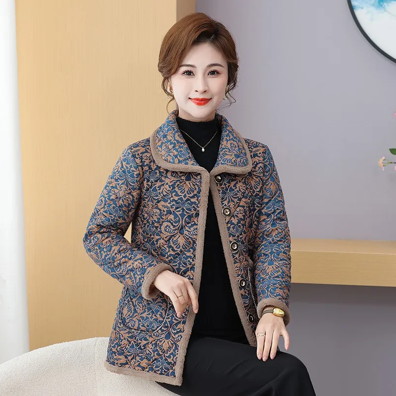 Middle-Aged And Elderly Women's Fleece Jacket Women Floral Cotton Coat Middle-Aged And Elderly Mothers Thick Winter Outerwear