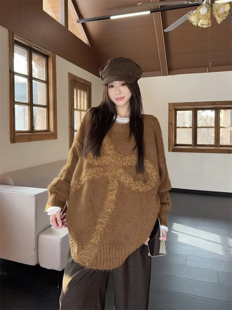 

Ретро-свитер свободного кроя, мягкий и уютный, с круглым вырезом и узлом, для женщин, осенне-зимняя модная повседневная одежда.