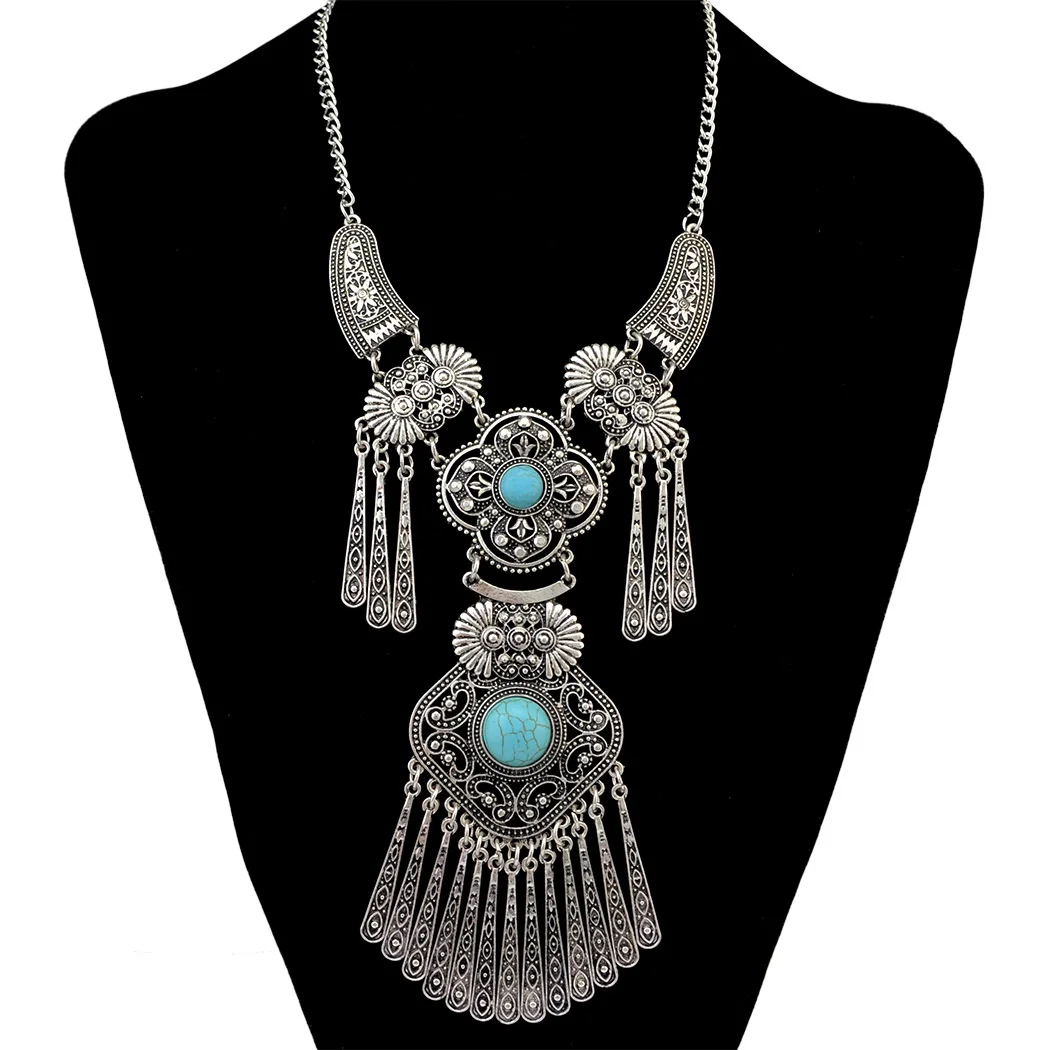 Boho Vintage Silver Imitation Turquoise Bib Necklaces Coins Pendant Women Gypsy Choker Collar Statement Ethnic Jewelry Accessory
