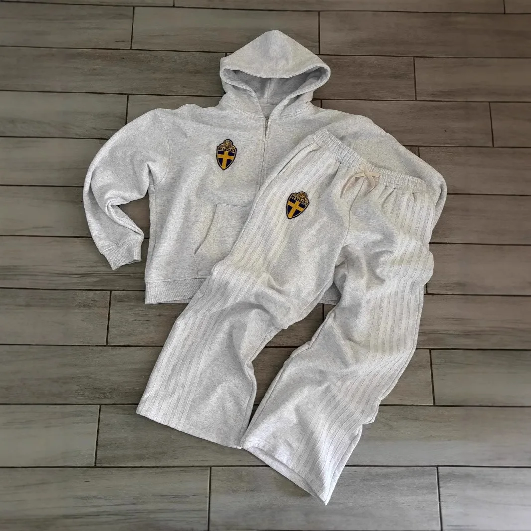 

American Casual Loose Grey Hoodie 3D Print Zipper Sweatshirt Set Sweatpants Autumn Winter New Streetwear Men's sports suit