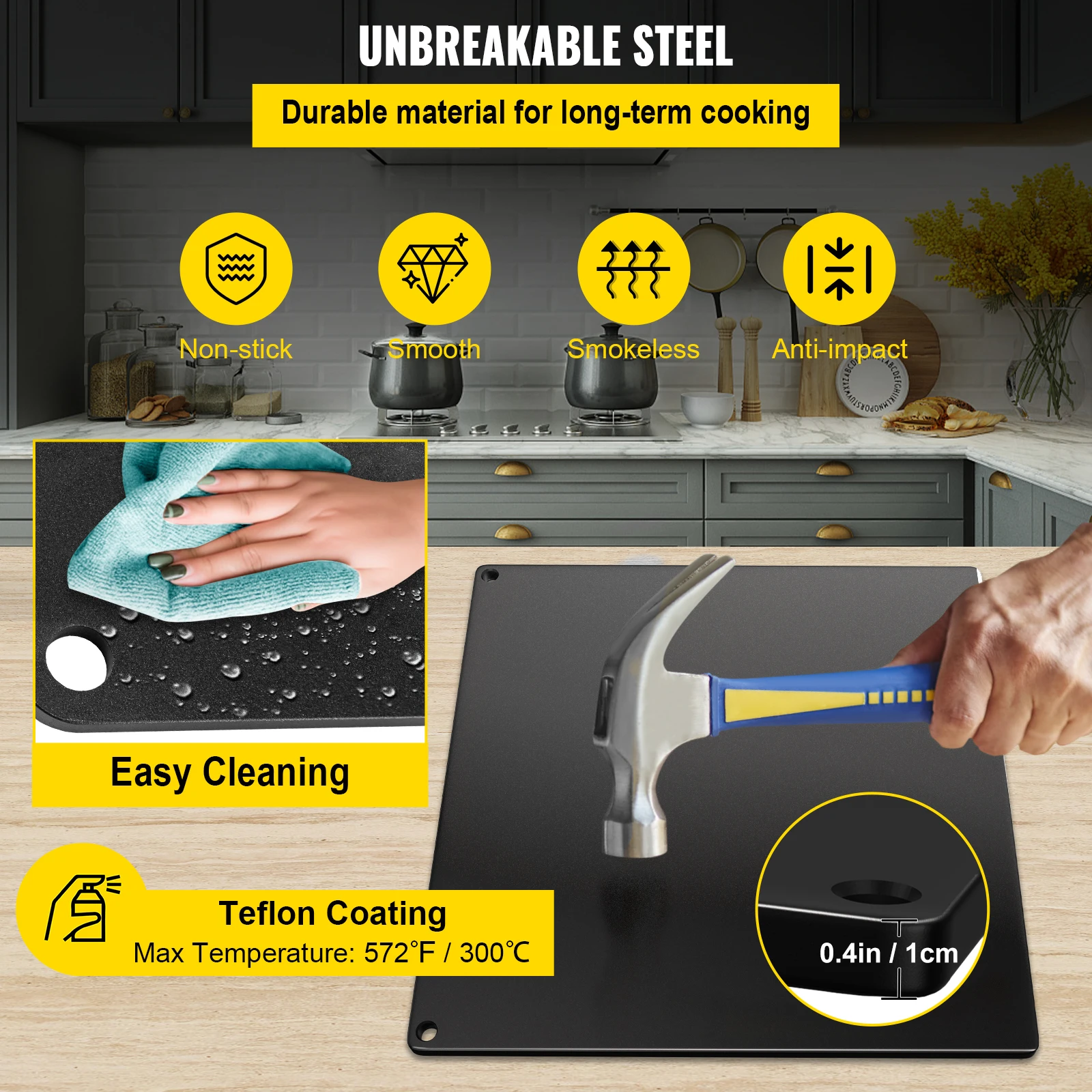 VEVOR Pizza Baking Plate 16.1"x14.2"x0.4" Steel Pizza Stone with Double-Sided Coating Extra Pizza Cutter Provided Black