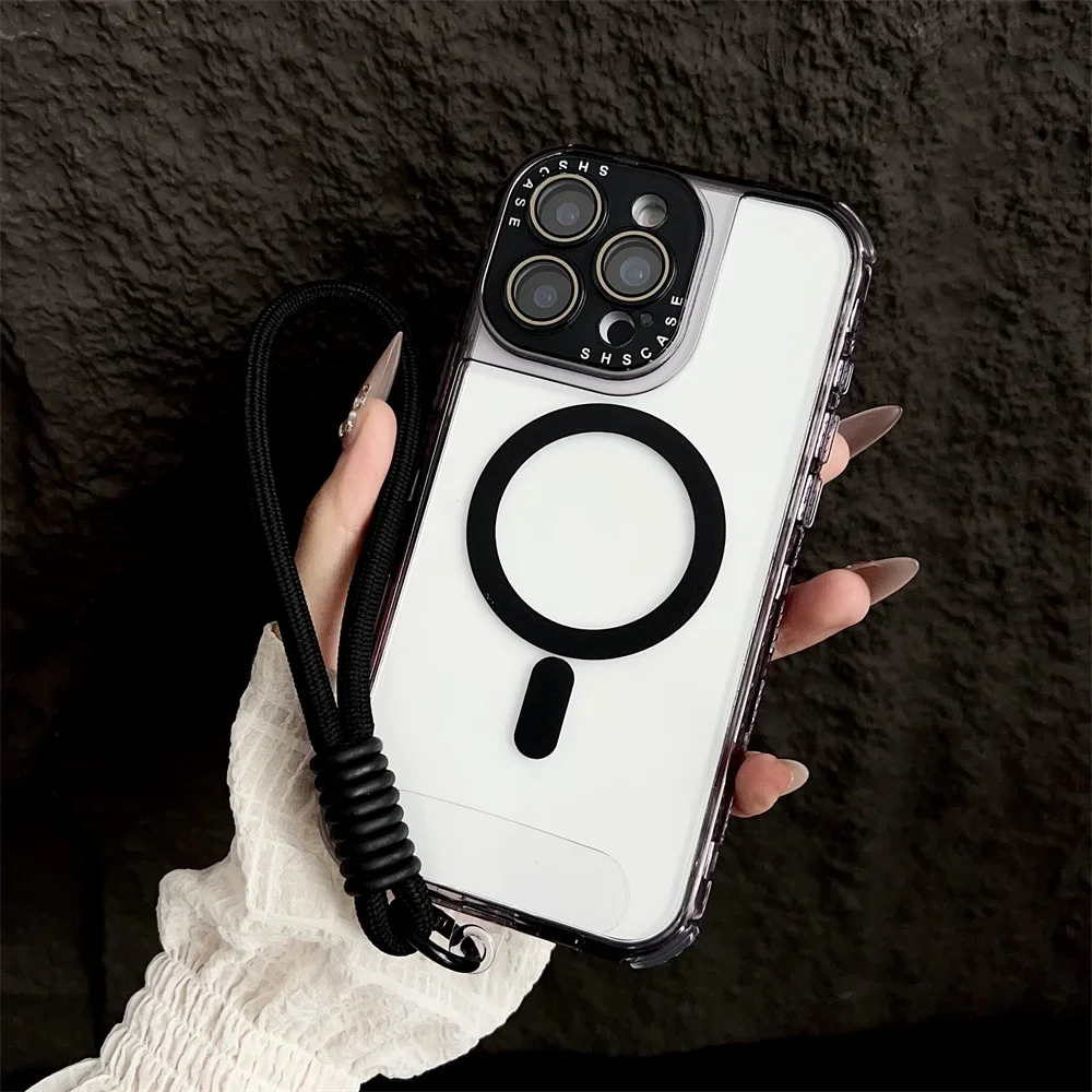 

Luxury Transparent Magsafe Magnetic With lanyard Phone Case For iPhone 17 Air 13 14 15 Pro Max 16 Plus Shockproof Protect Cover