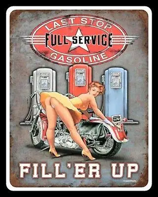 

Metal Tin Sign Last Stop Garage Workshop Pin Up Girl Motorbike Motorcycle Pub Outdoor Bar Retro Poster Home Kitchen Restaurant W