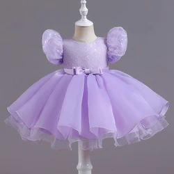 Summer New Children's First Year Princess Dress Sequin Bubble Sleeves Lace Mesh Fluffy Dress Dance Performance Dress