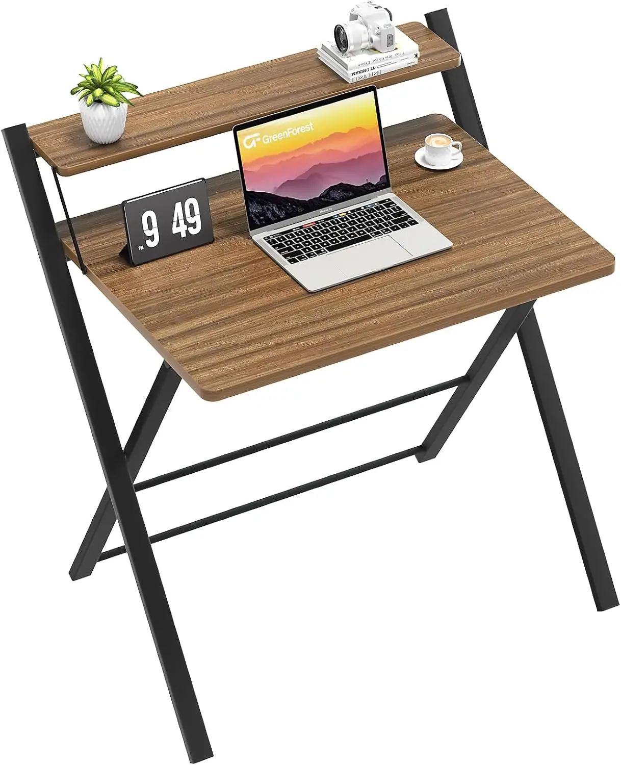 newFolding Desk No Assembly Required Small Size, 2-Tier Foldable Computer Desk with Shelf for Home Office, Space Saving Portable