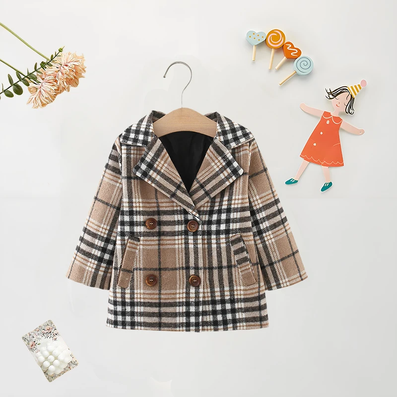 Autumn/Winter (0-1) Baby Girl Coat Baby Girl Fashion Checkered Collar Double Row Buckle Long Wool Coat Children's Jacket Coat