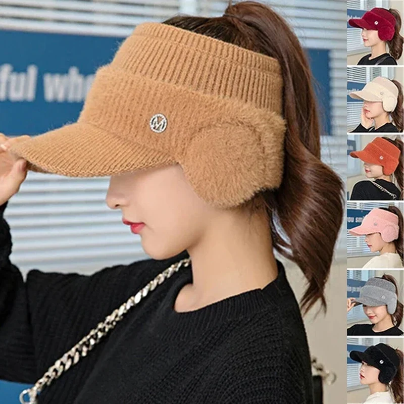 Autumn Winter Women\'s Knitted Fleece Hat Ladies with Earflaps Hats Empty Top Keep Warm Baseball Caps for Female Ear Protection