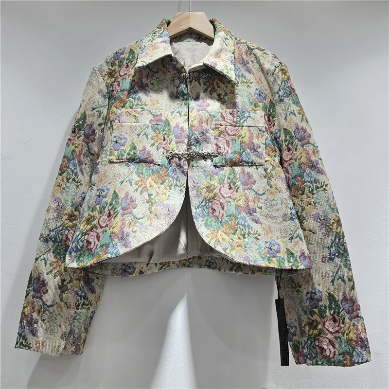 Autumn New Vintage Jacquard Khaki Short Cardigan Jacket Big Pocket Lapel Long Sleeve Irregular Hem Female Coat Jaqueta Feminina