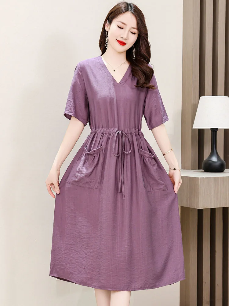 

High-End Lyocell Cotton Sleep Dress Women Short Sleeve Summer Thin Comfortable New Style V-Neck Dress Can Be Worn outside