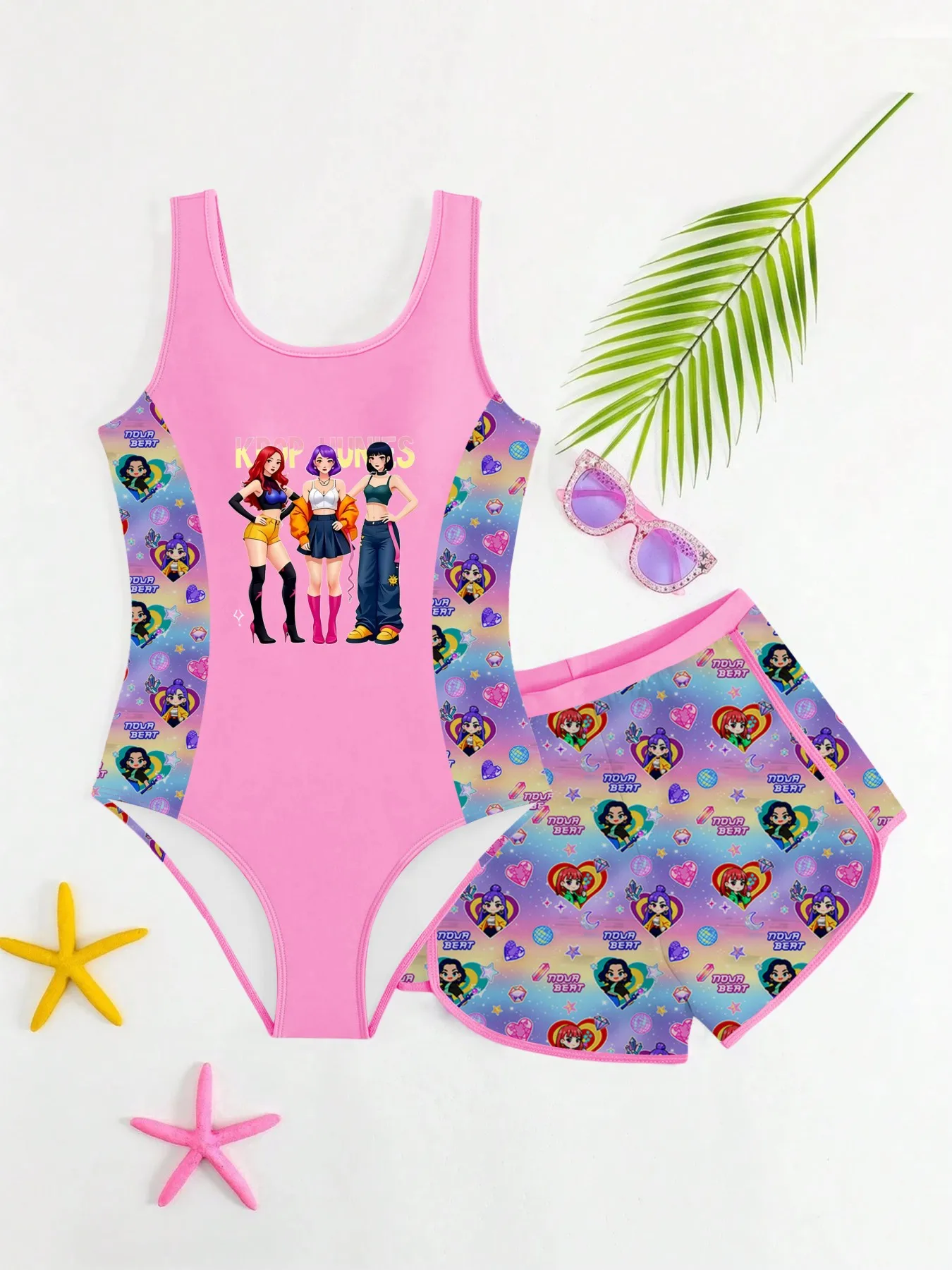 Kids Girls 2 Piece K-Pop Dancer Cartoon Print One Piece Swimsuit with Skirt Cover Up Summer Beach Swimwear