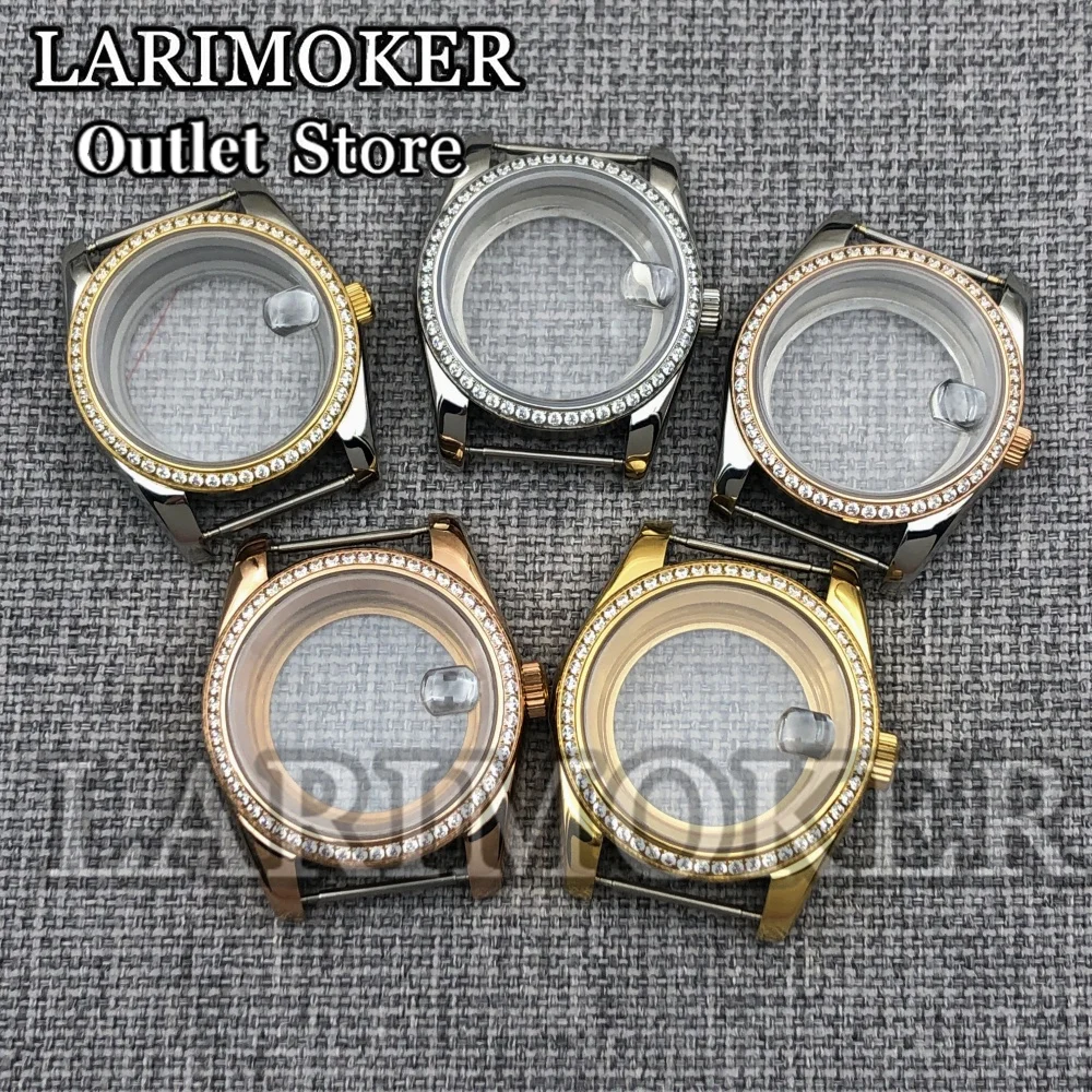 Larimoker 36/39mm caixa de relógio com borda de diamante prata rosa ouro ajuste nh3505 acessórios de relógio de aço inoxidável