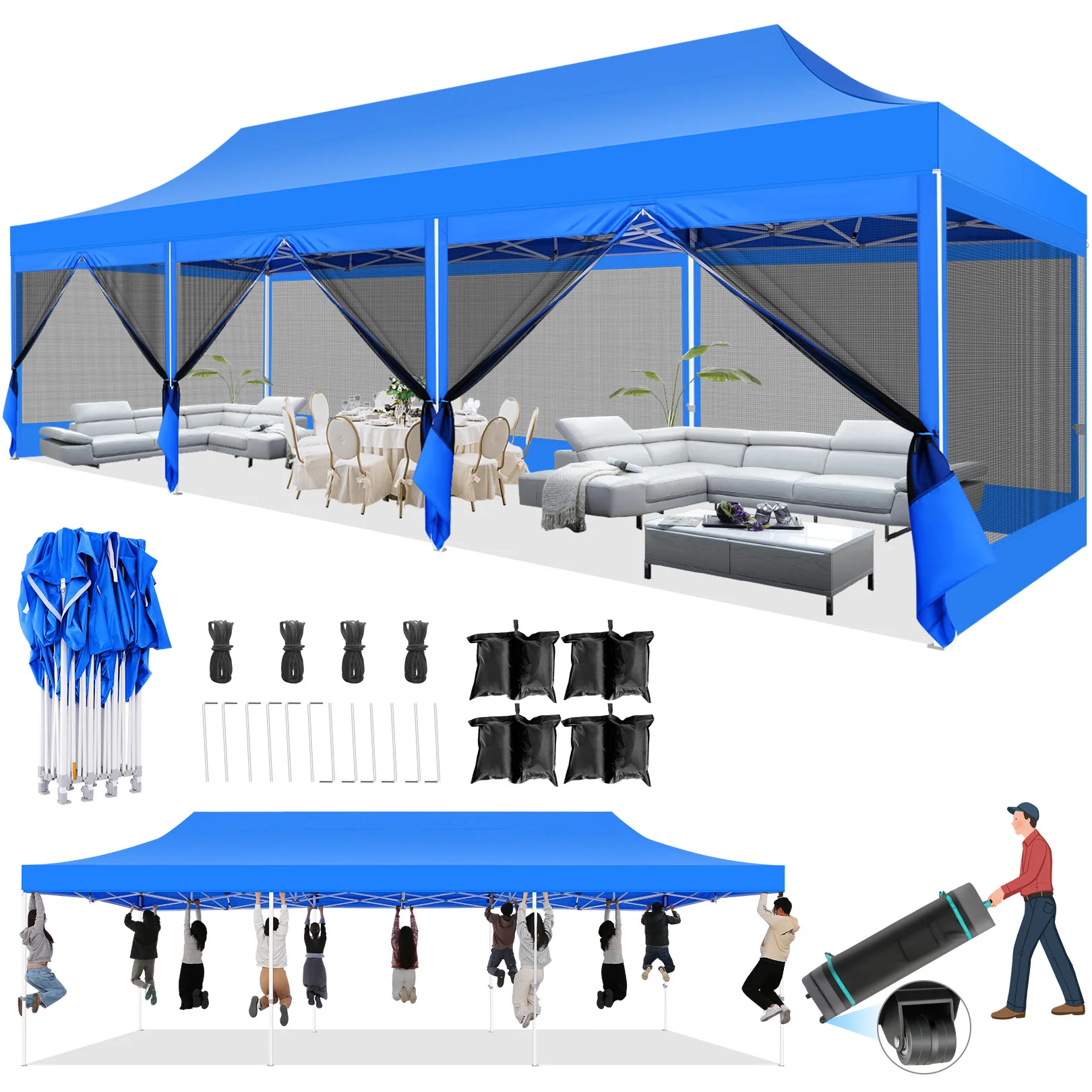 10x30FT Canopy Tent with 8 Sidewalls,Heavy Duty Pop up Canopy Party Tent with Mosquito Netting,Easy up Screen Canopy for Parties