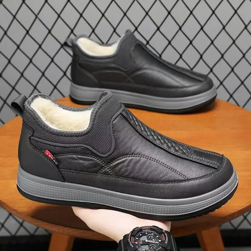 Men's Thickened Fleece Lined Leather Surface Mid-Cut Warm Anti-Slip Shoes Rubber Sole Winter Waterproof Casual Shoes for Adults