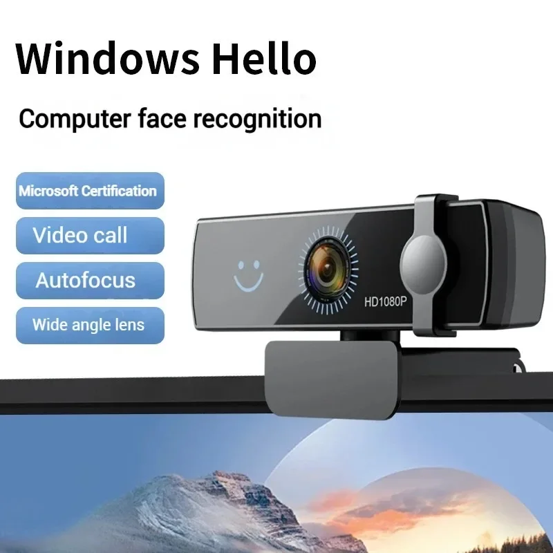 1080P Camera Full HD Wide Angle Lens Windows Hello Facial Recognition 30fps 200W Webcam Drive-Free with Microphone for Win10/11