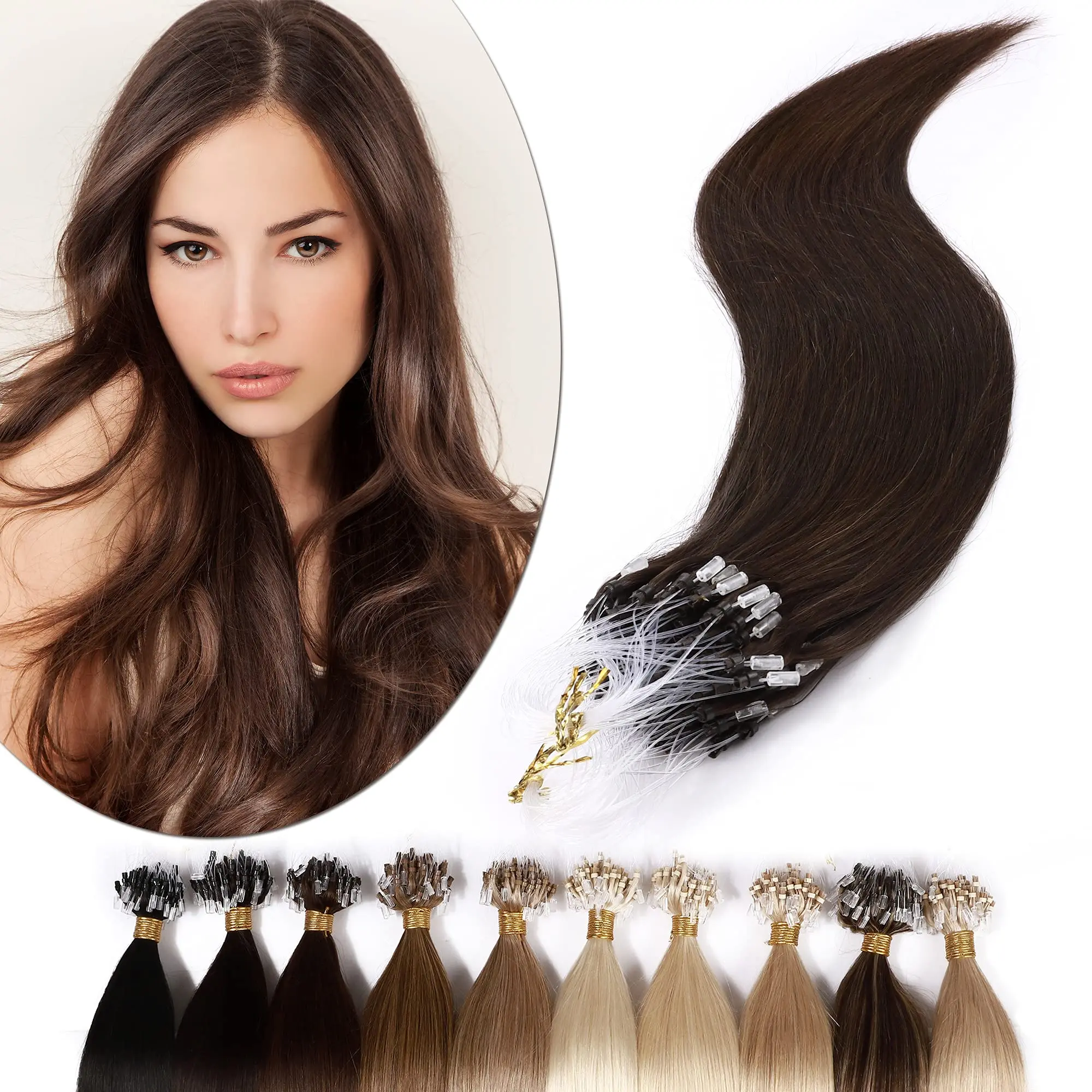 

100% Human Hair Micro Loop Ring Hair Extensions Straight Weft Small Rings For Easy DIY Application