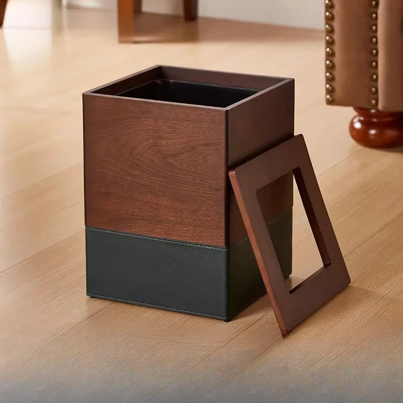 Solid Wood Waste Bin Green Vintage Garbage Can Hotel Luxury Standing Trash Container Elegant Bedroom & Office Decorative Bin