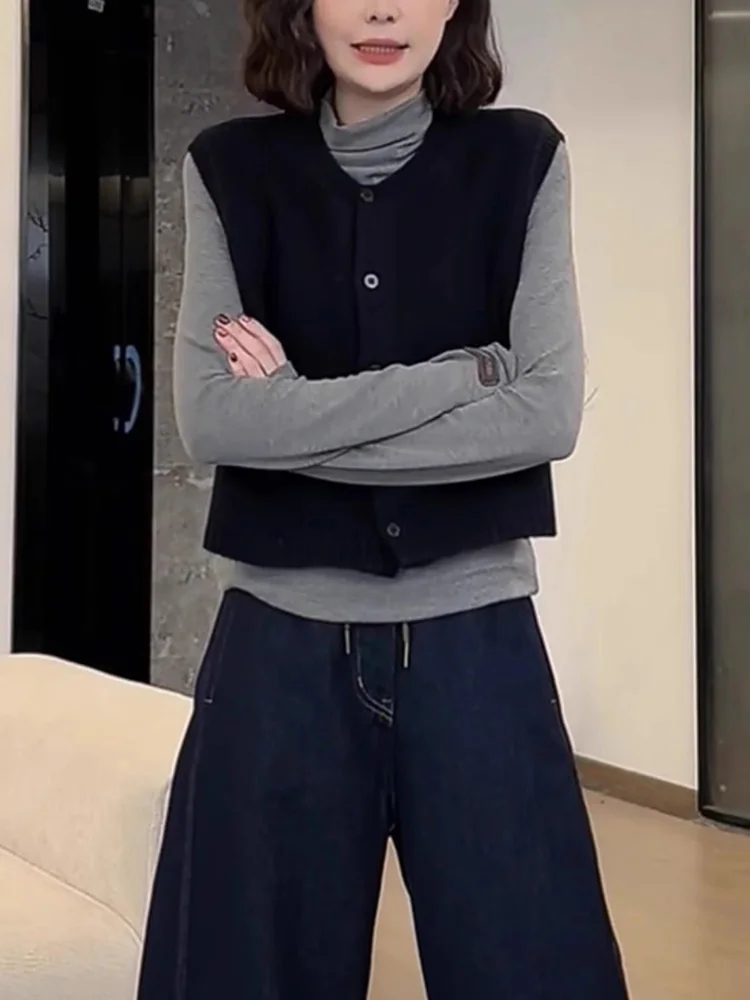 Koreaans anti-aging ontwerp Ronde neveld gebreide vest met één knoop, eenvoudig, veelzijdig, los, modieus laagjesvest